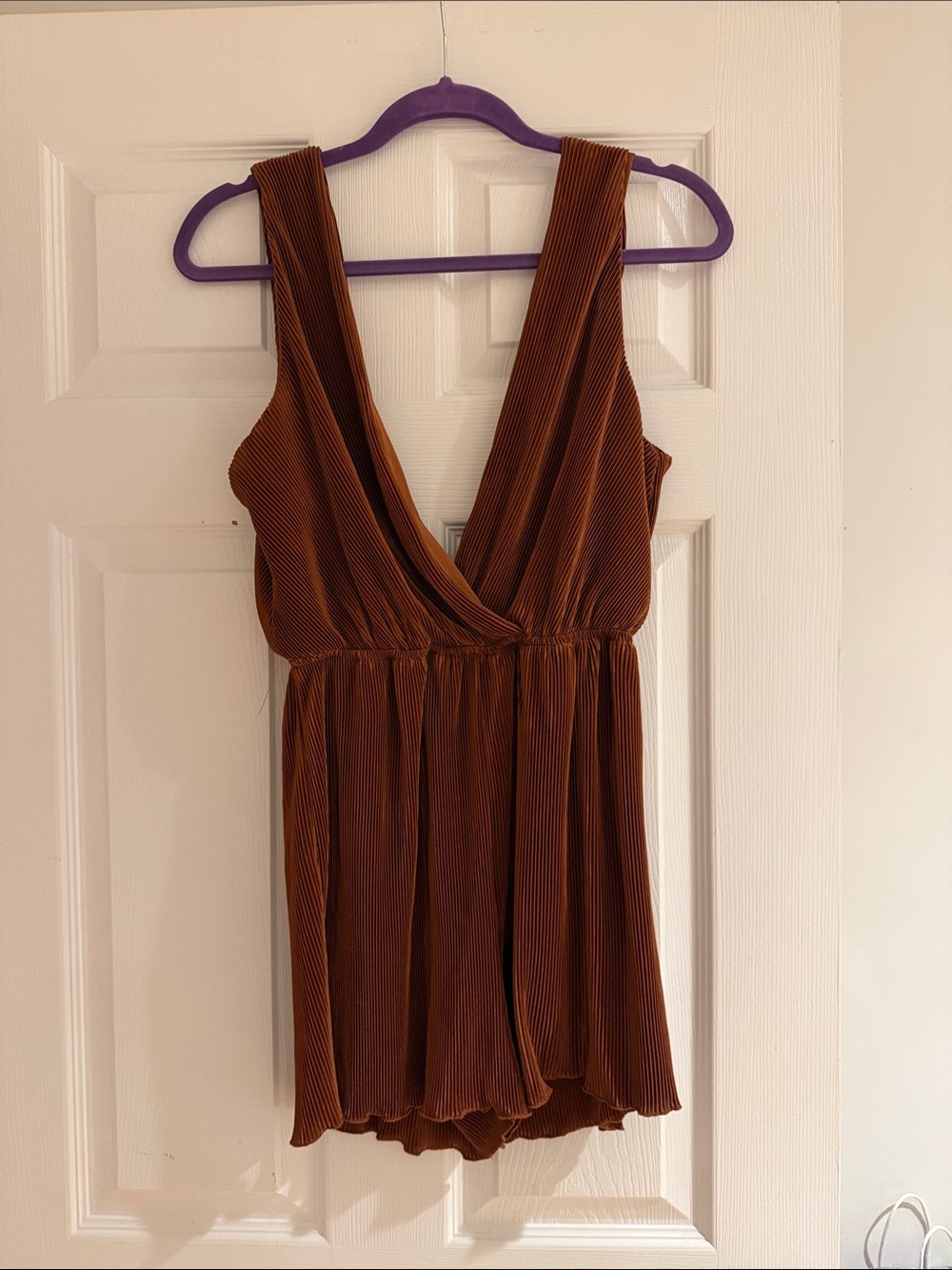 Fashion Nova Brown Plissé Deep V Romper